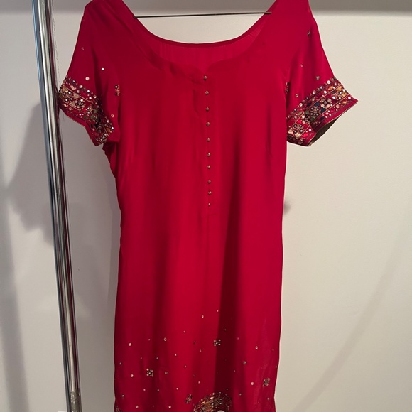 Women’s Indian 3 Piece Red Silk Sequin Top & Pants w Matching Wrap-Large - Picture 5 of 12